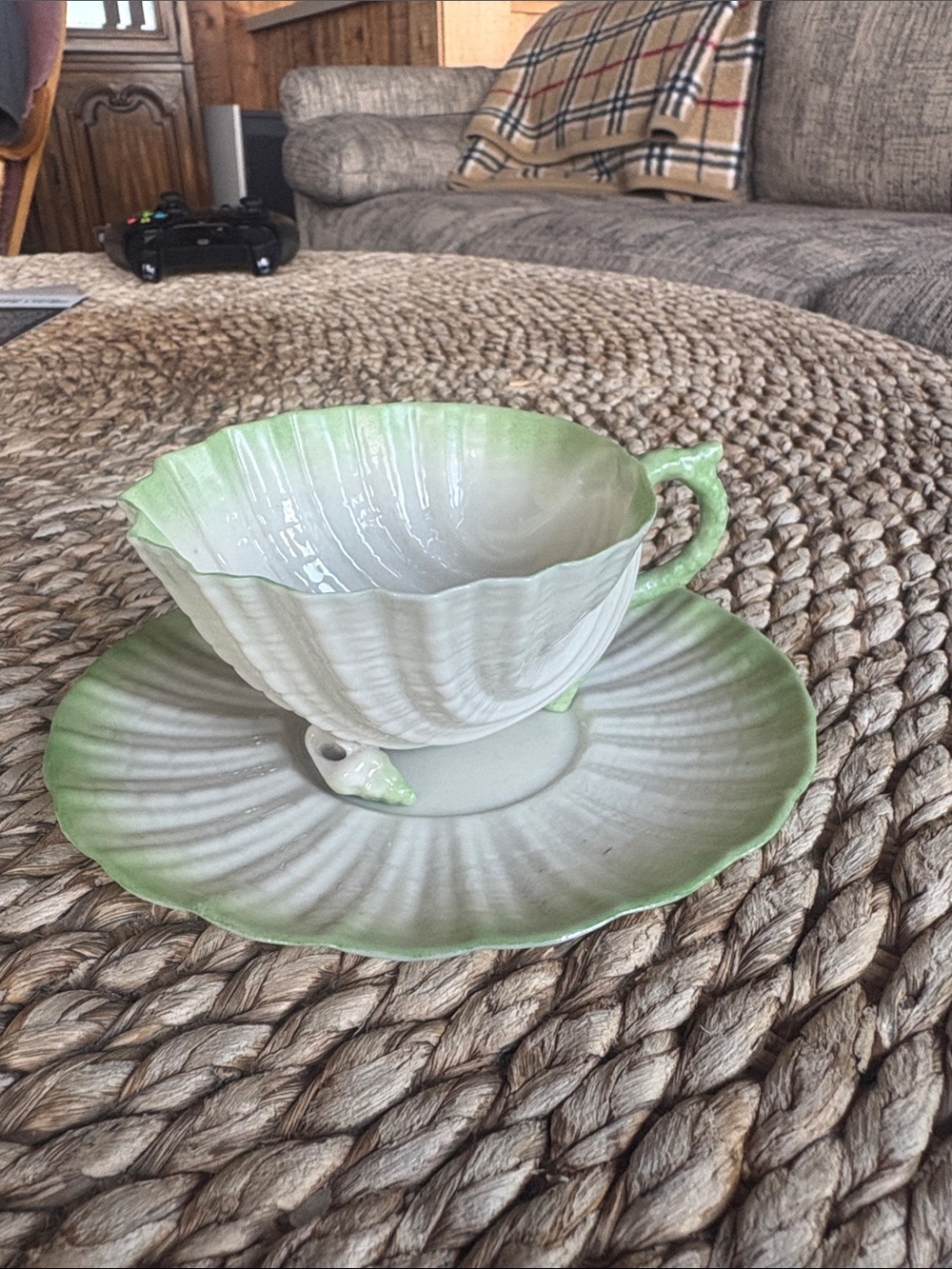 Antique belleek green Neptune porcelain cup and plate